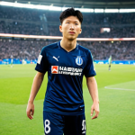 A young Son Heung-min in a Hamburg SV jersey, stepping onto a vast, brightly lit Bundesliga stadium pitch for his debut. He stands with a determined gaze, embodying a new beginning and the hopes of fans, with a blurred, cheering crowd in the background. Professional sports photography, cinematic lighting, high detail.