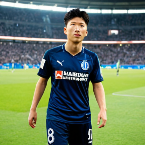Home 7 A young Son Heung-min in a Hamburg SV jersey, stepping onto a vast, brightly lit Bundesliga stadium pitch for his debut. He stands with a determined gaze, embodying a new beginning and the hopes of fans, with a blurred, cheering crowd in the background. Professional sports photography, cinematic lighting, high detail.