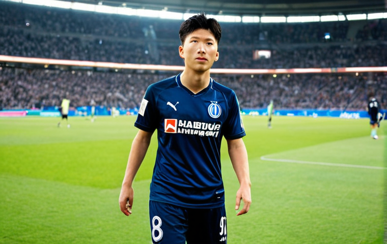 A young Son Heung-min in a Hamburg SV jersey, stepping onto a vast, brightly lit Bundesliga stadium pitch for his debut. He stands with a determined gaze, embodying a new beginning and the hopes of fans, with a blurred, cheering crowd in the background. Professional sports photography, cinematic lighting, high detail.