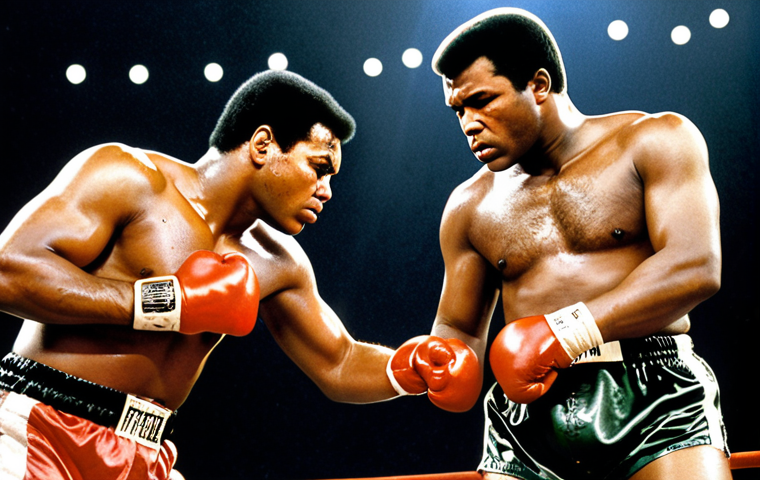**Image Prompt:** A dramatic oil painting depicting Muhammad Ali and Joe Frazier exhausted and battered in the late rounds of the "Thrilla in Manila," sweat flying, their eyes locked in a fierce gaze of mutual respect and animosity under the harsh glare of the ring lights, capturing the raw intensity of their legendary rivalry.