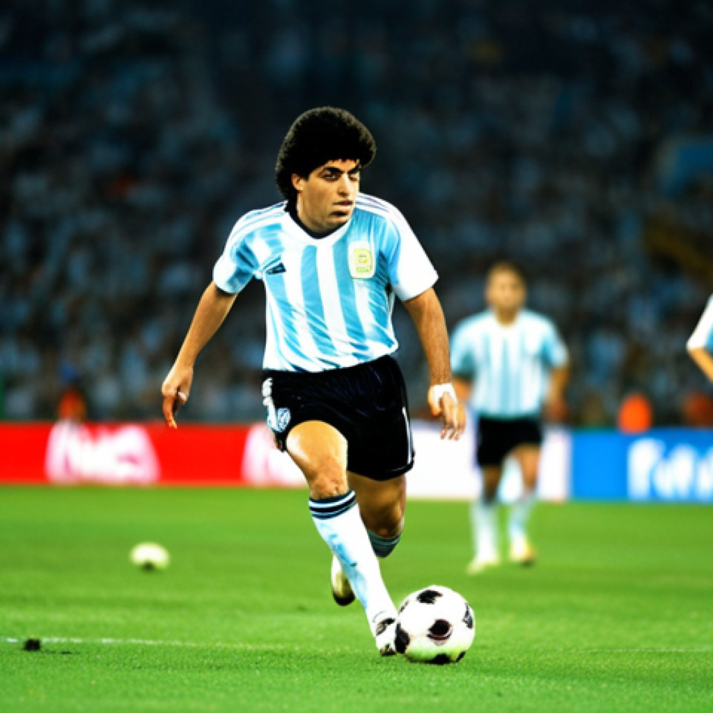 "La Gambeta" Dribbling** "Diego Maradona, fully clothed in a classic Argentina national team jersey, dribbling a soccer ball through multiple defenders in a packed stadium. The stadium is filled with cheering fans, bright lights, and a sense of excitement. Focus on his footwork and the ball control. Perfect anatomy, correct proportions, natural pose, well-formed hands, proper finger count. safe for work, appropriate content, fully clothed, professional sports photography, high quality." **