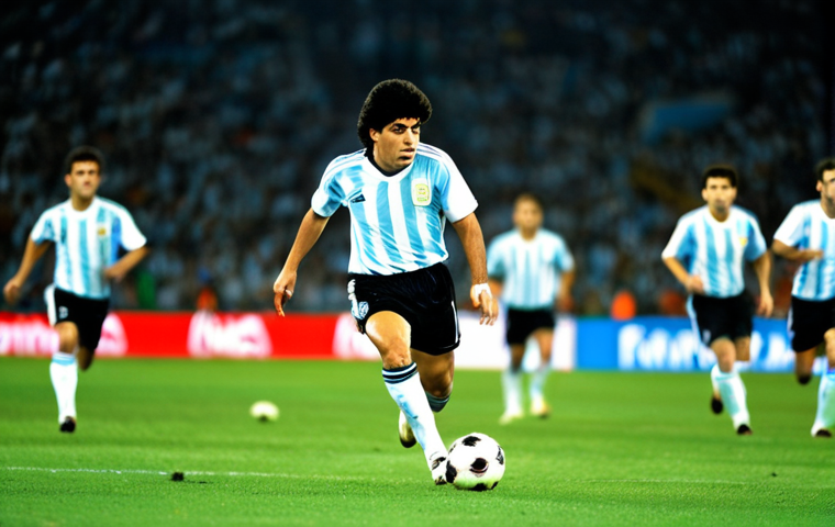 "La Gambeta" Dribbling** "Diego Maradona, fully clothed in a classic Argentina national team jersey, dribbling a soccer ball through multiple defenders in a packed stadium. The stadium is filled with cheering fans, bright lights, and a sense of excitement. Focus on his footwork and the ball control. Perfect anatomy, correct proportions, natural pose, well-formed hands, proper finger count. safe for work, appropriate content, fully clothed, professional sports photography, high quality." **