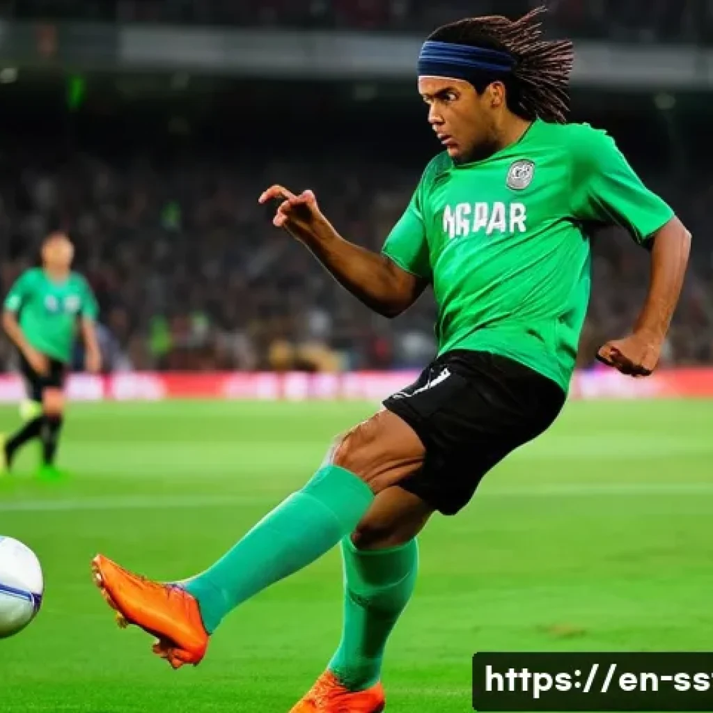 로날디뉴의 프리스타일 축구 마법 - **A highly dynamic, full-body action shot of a male football player, resembling Ronaldinho in his pr...