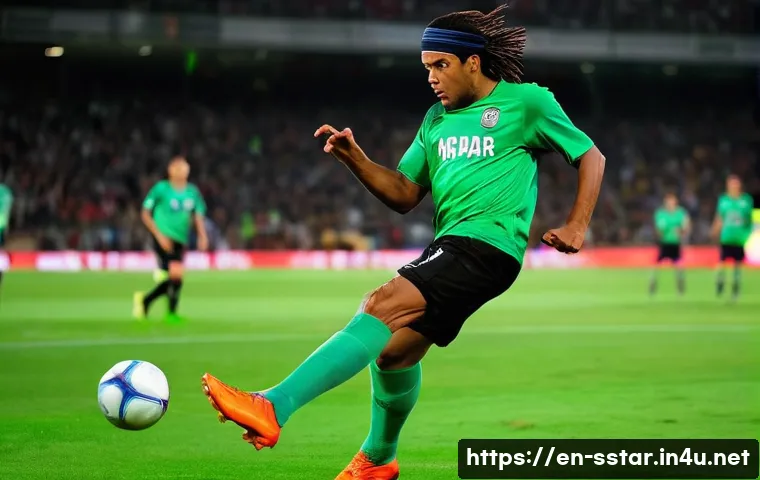 로날디뉴의 프리스타일 축구 마법 - **A highly dynamic, full-body action shot of a male football player, resembling Ronaldinho in his pr...