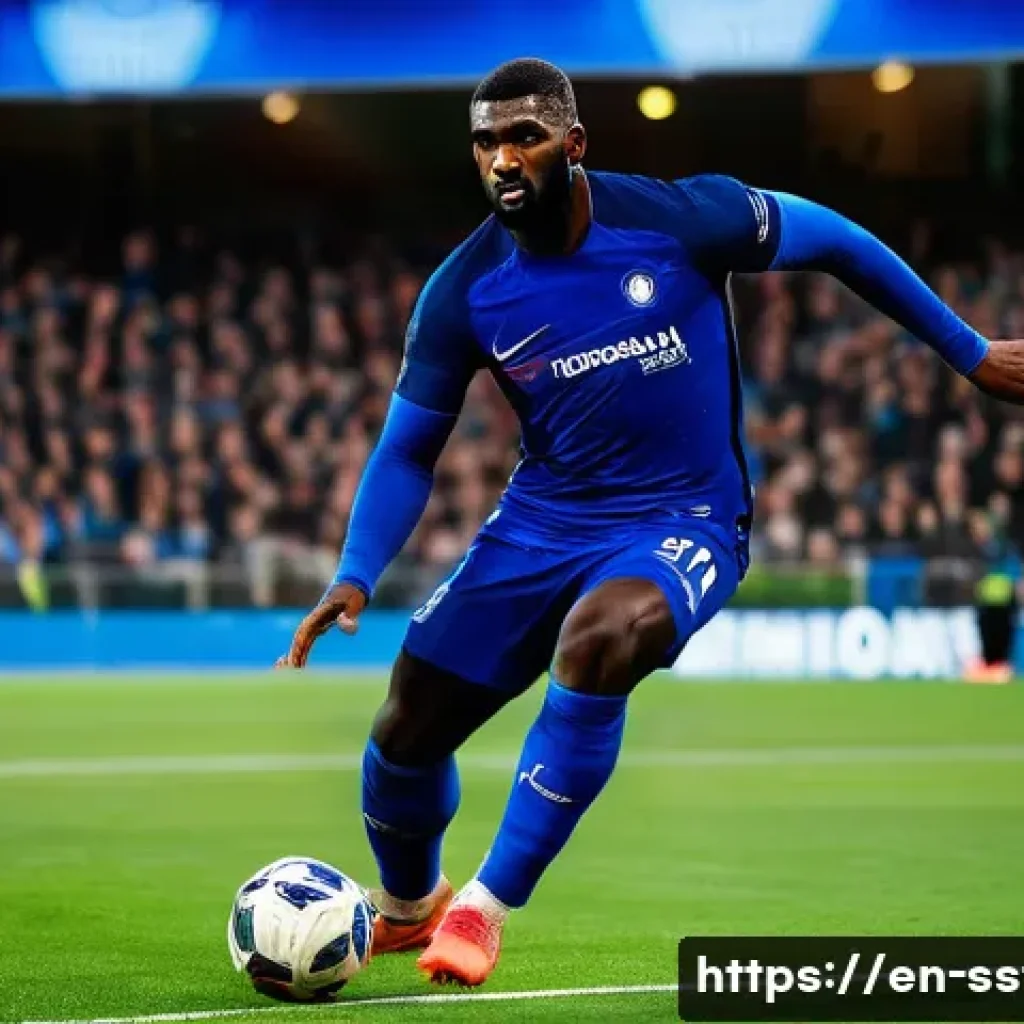 안토니오 루디거의 수비 전략 - **Prompt:** A dynamic, low-angle shot of Antonio R&uuml;diger in the midst of a high-stakes football matc...