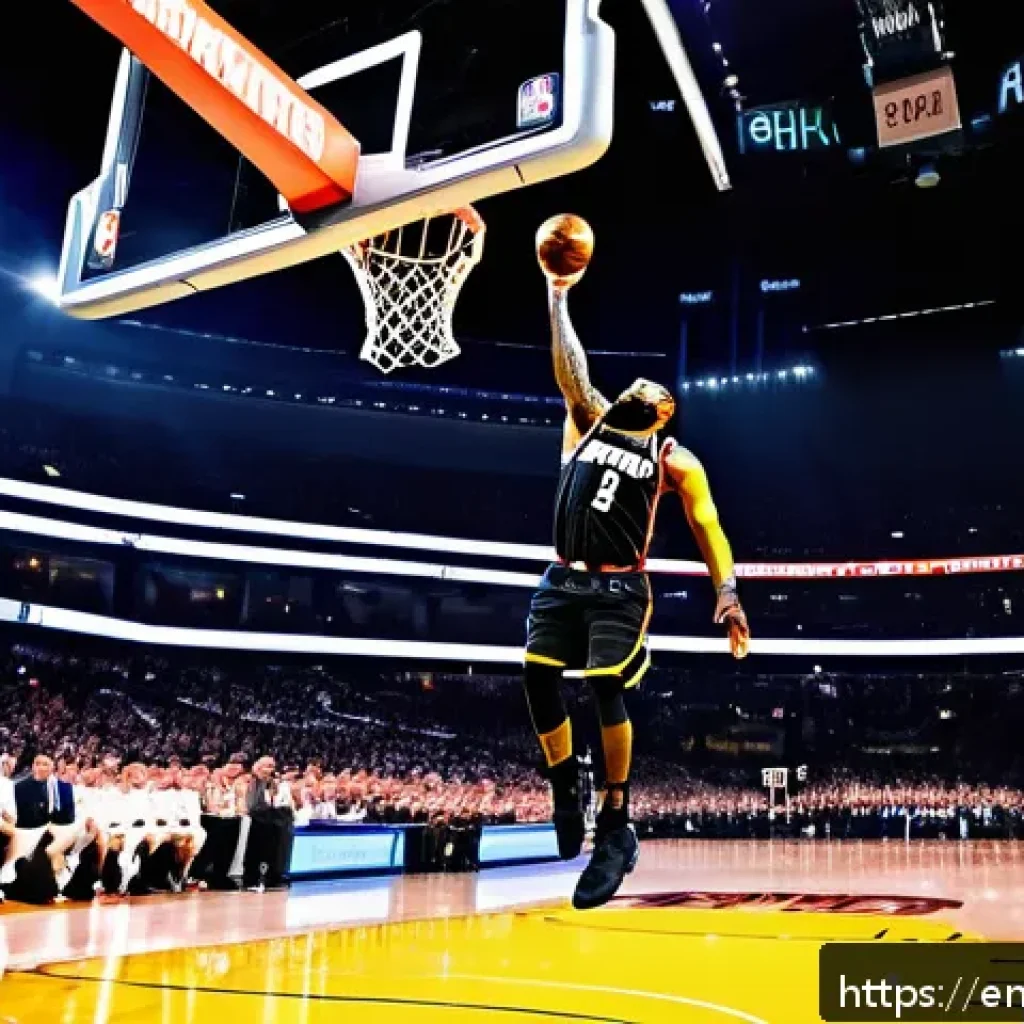 르브론 제임스 통산 득점 - A dynamic basketball scene featuring a highly detailed LeBron James in mid-air driving toward the ba...