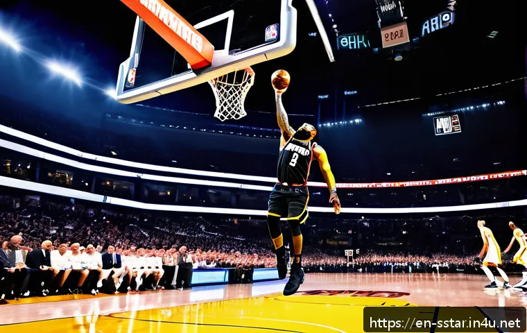 르브론 제임스 통산 득점 - A dynamic basketball scene featuring a highly detailed LeBron James in mid-air driving toward the ba...