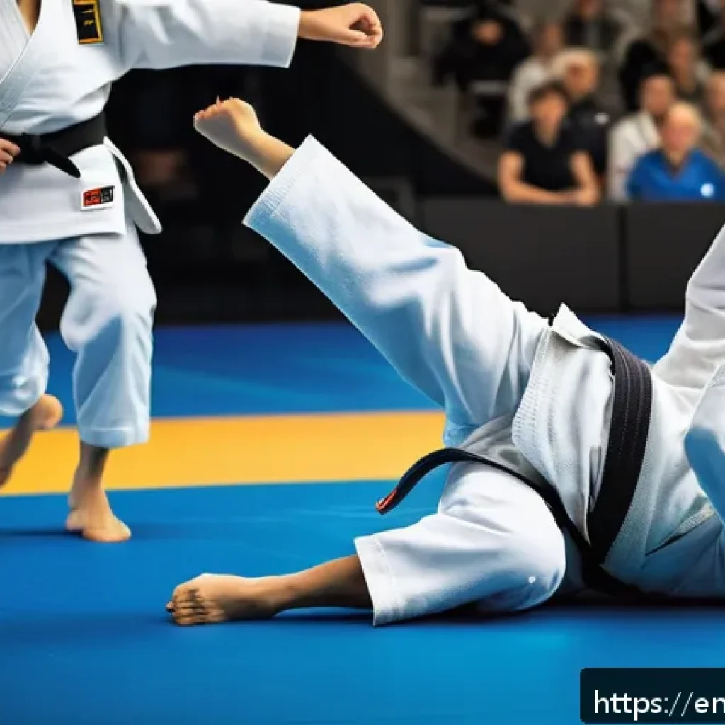 유도 선수 다리아 빌로디드 인터뷰 - A dynamic action scene of a female judoka resembling Daria Bilodid executing a precise seoi-nage (sh...