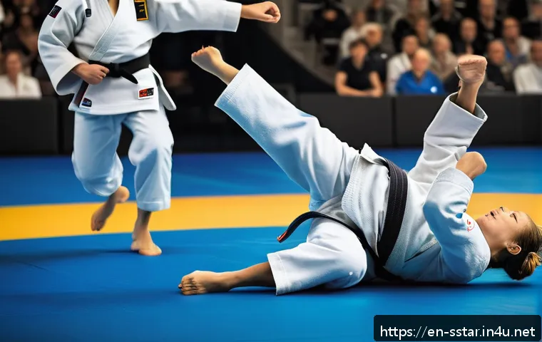 유도 선수 다리아 빌로디드 인터뷰 - A dynamic action scene of a female judoka resembling Daria Bilodid executing a precise seoi-nage (sh...