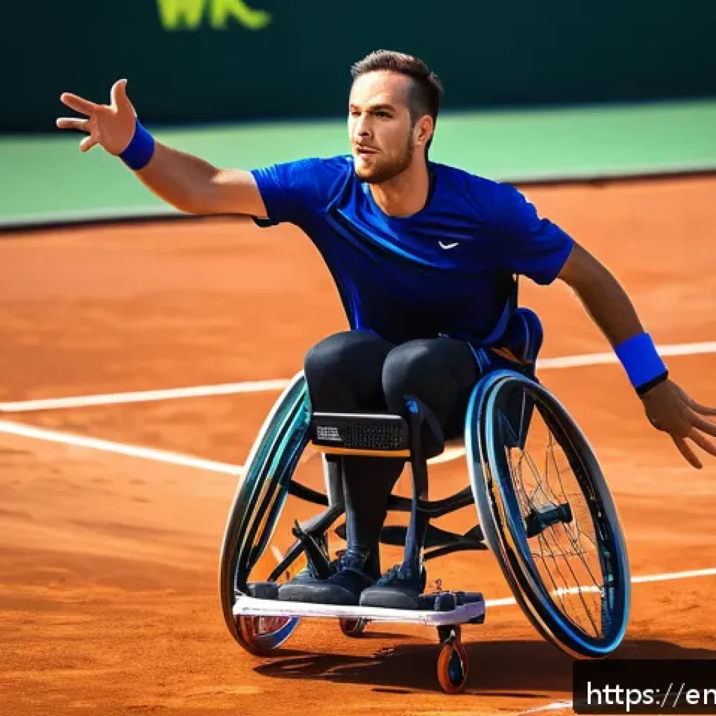디런 알콧 패럴림픽 테니스 챔피언 - A dynamic and detailed scene of a male wheelchair tennis player in mid-action during a high-stakes m...