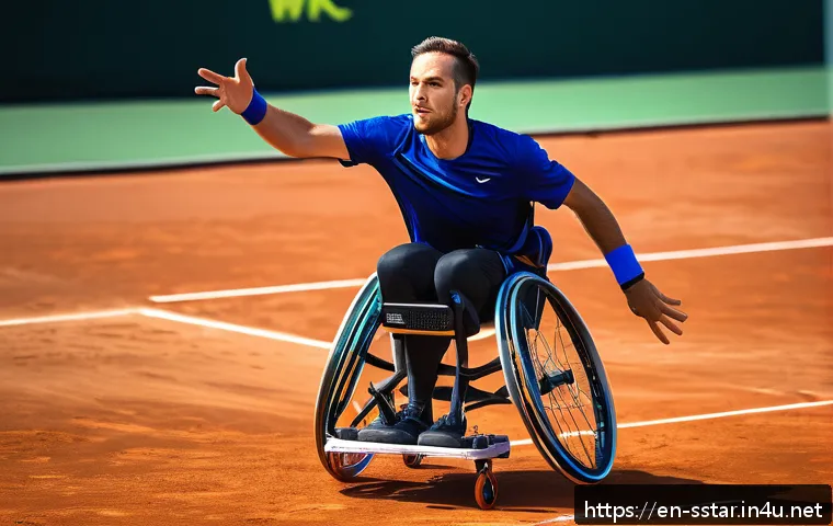 디런 알콧 패럴림픽 테니스 챔피언 - A dynamic and detailed scene of a male wheelchair tennis player in mid-action during a high-stakes m...