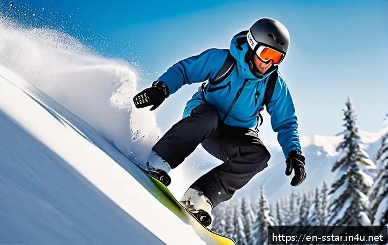 크리스 에반스 스노보드 챔피언십 - A dynamic scene of a fit male snowboarder in his 40s wearing a stylish winter sports outfit with hel...