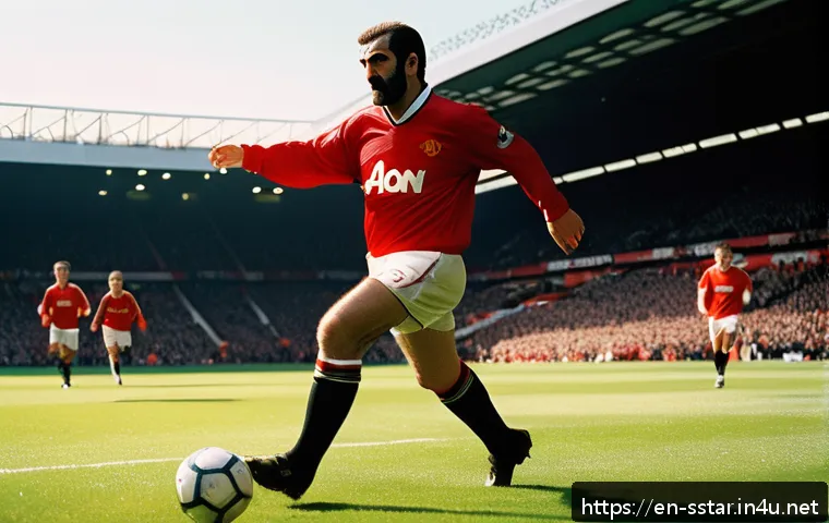 에릭 칸토나의 프랑스 축구 역사 - A dynamic football scene capturing Eric Cantona in mid-action during a Premier League match at Old T...