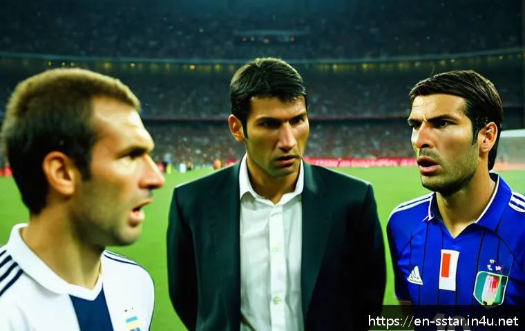 지단의 헤드버트 사건 - A dramatic, high-intensity scene set during the 2006 FIFA World Cup final in a packed stadium under ...