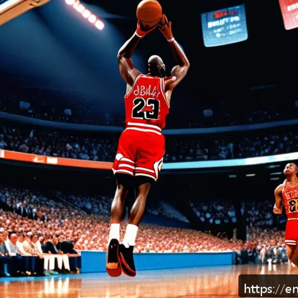 마이클 조던 명경기 하이라이트 - A hyper-realistic digital painting of Michael Jordan soaring in mid-air during his iconic 1988 Slam ...