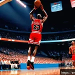Home 23 마이클 조던 명경기 하이라이트 - A hyper-realistic digital painting of Michael Jordan soaring in mid-air during his iconic 1988 Slam ...