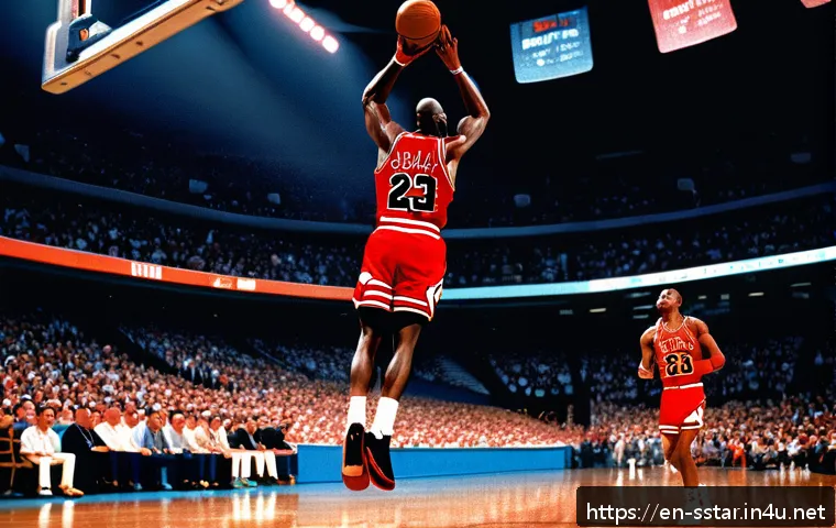 마이클 조던 명경기 하이라이트 - A hyper-realistic digital painting of Michael Jordan soaring in mid-air during his iconic 1988 Slam ...