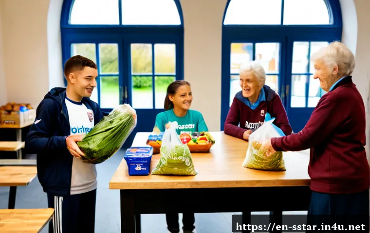 마르쿠스 래시포드의 자선 활동 - Photorealistic community food bank scene, a young British footballer in casual sportswear volunteeri...